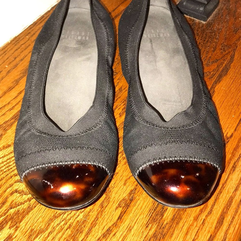Stuart Weitzman Black Tortoise Shell Toe Flats Si… - image 1